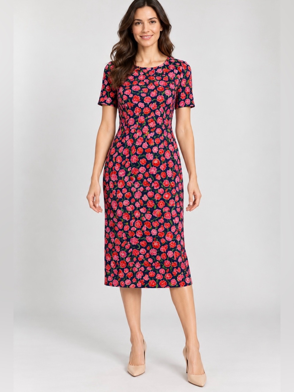 Lands’ End Women’s 8 Tall Navy Red Floral Ponte Knit Short Sleeve Sheath Dress